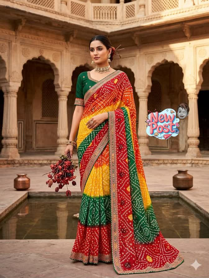 Georgette Pach Rangi Multi work saree with sequence embroidery lace