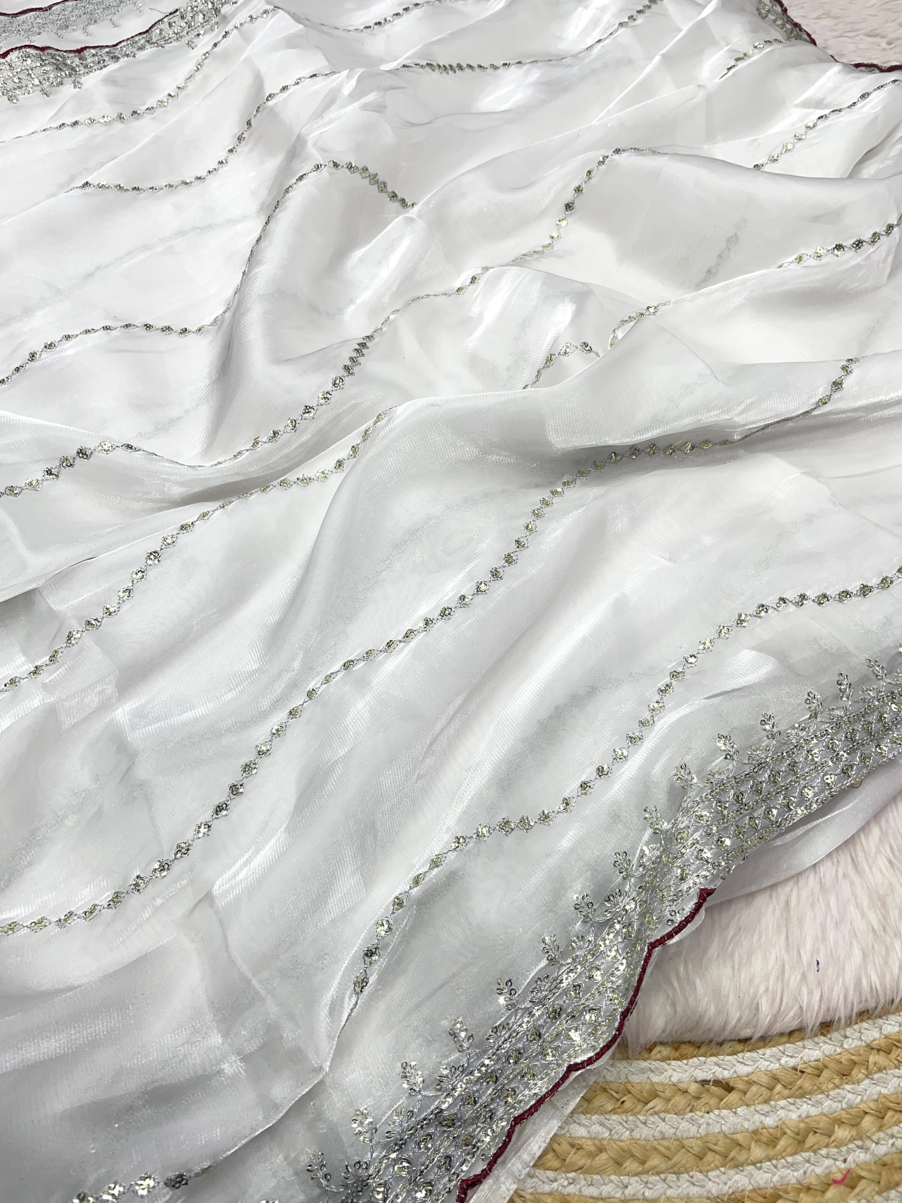 White Sequin Saree with Maroon Embroidered Blouse