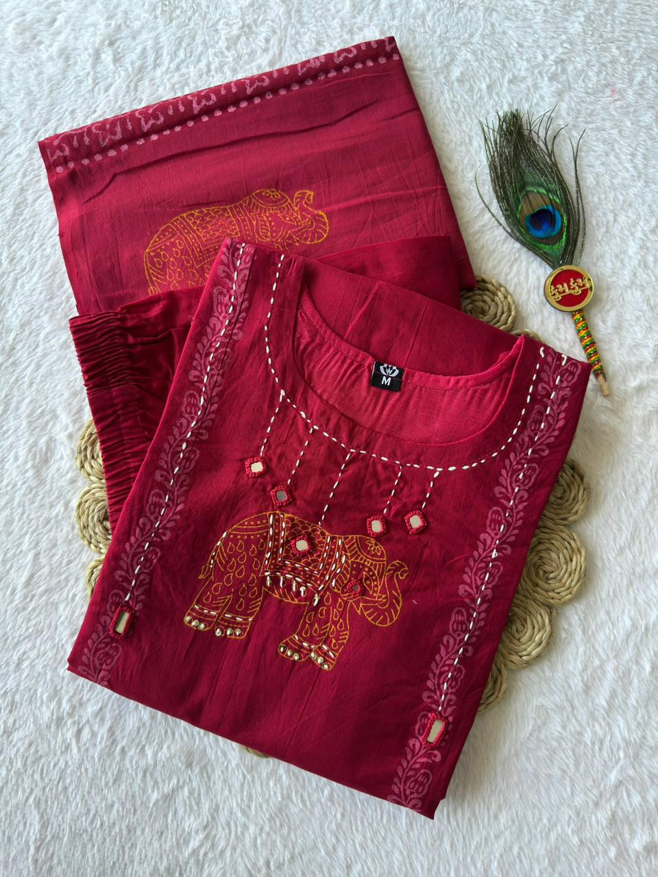 Printed and Embroidered Cotton Kurta Set with Dupatta