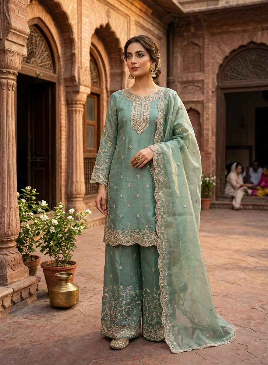 Silk  Top plazzo & Dupatta set