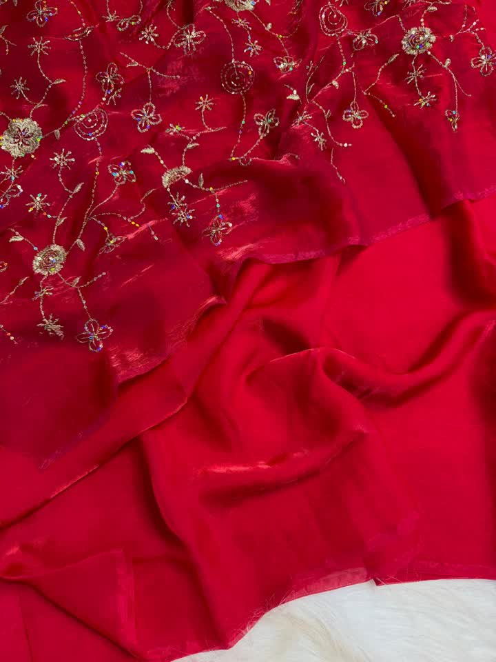 Beautiful Two tone heavy space silk fabric with beautiful flower figure hand work beads blouse