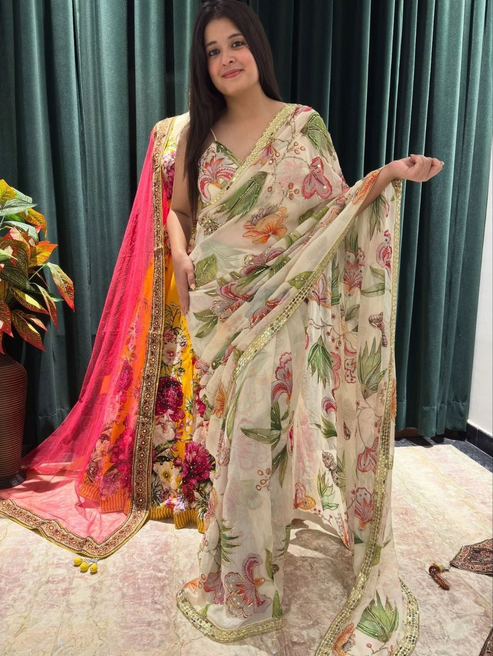 Floral Hand-Embroidered Printed Saree