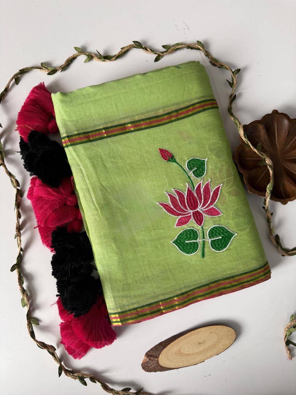 Mul Cotton Saree with Lotus Embroidery