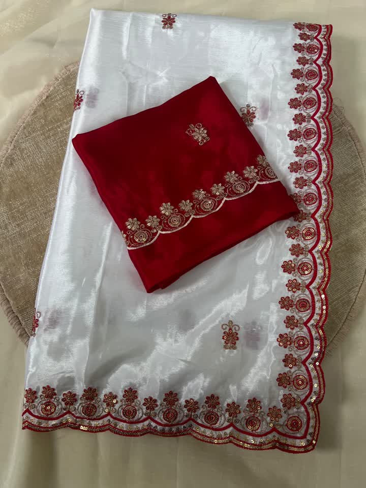 WHITE & RED THE PERFECT DURGA POOJA COMBINATION HEAVY SOFT CHION SILK SAREE