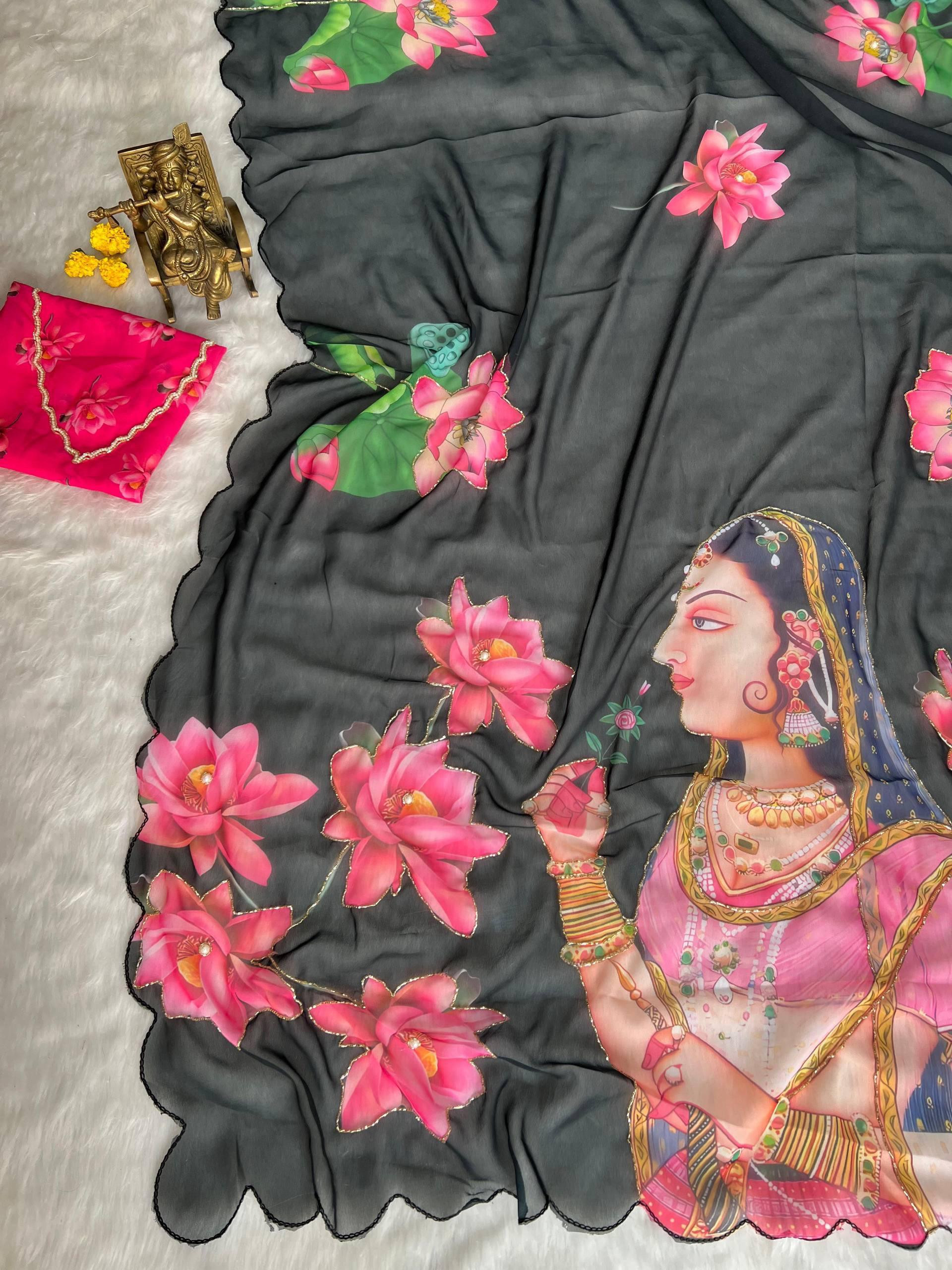 Soft Pure Georgette Digital Print Khatli Handwork Arri Work Saree With Digital Print Handwork Blouse - RPOIB