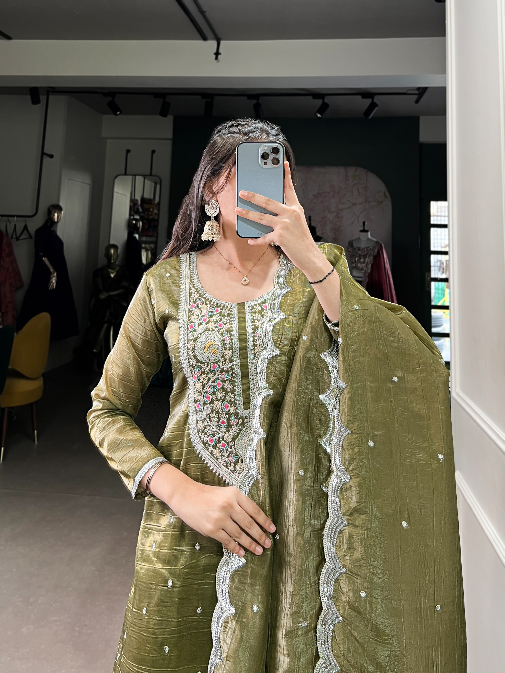 Olive Green Embroidered Straight Suit Set