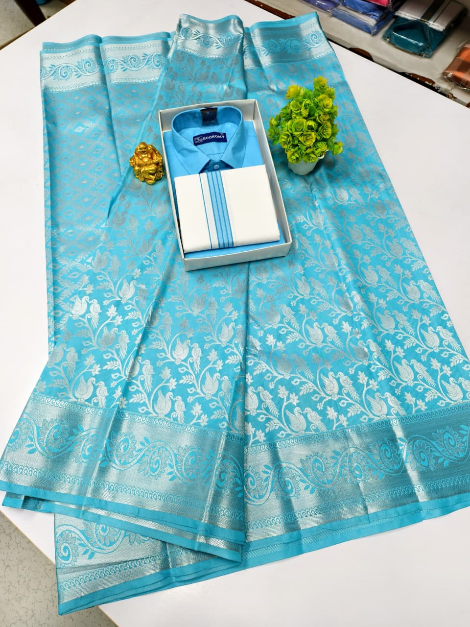 Kanchipuram Silk saree with Cotton dhoti and shirt Combo