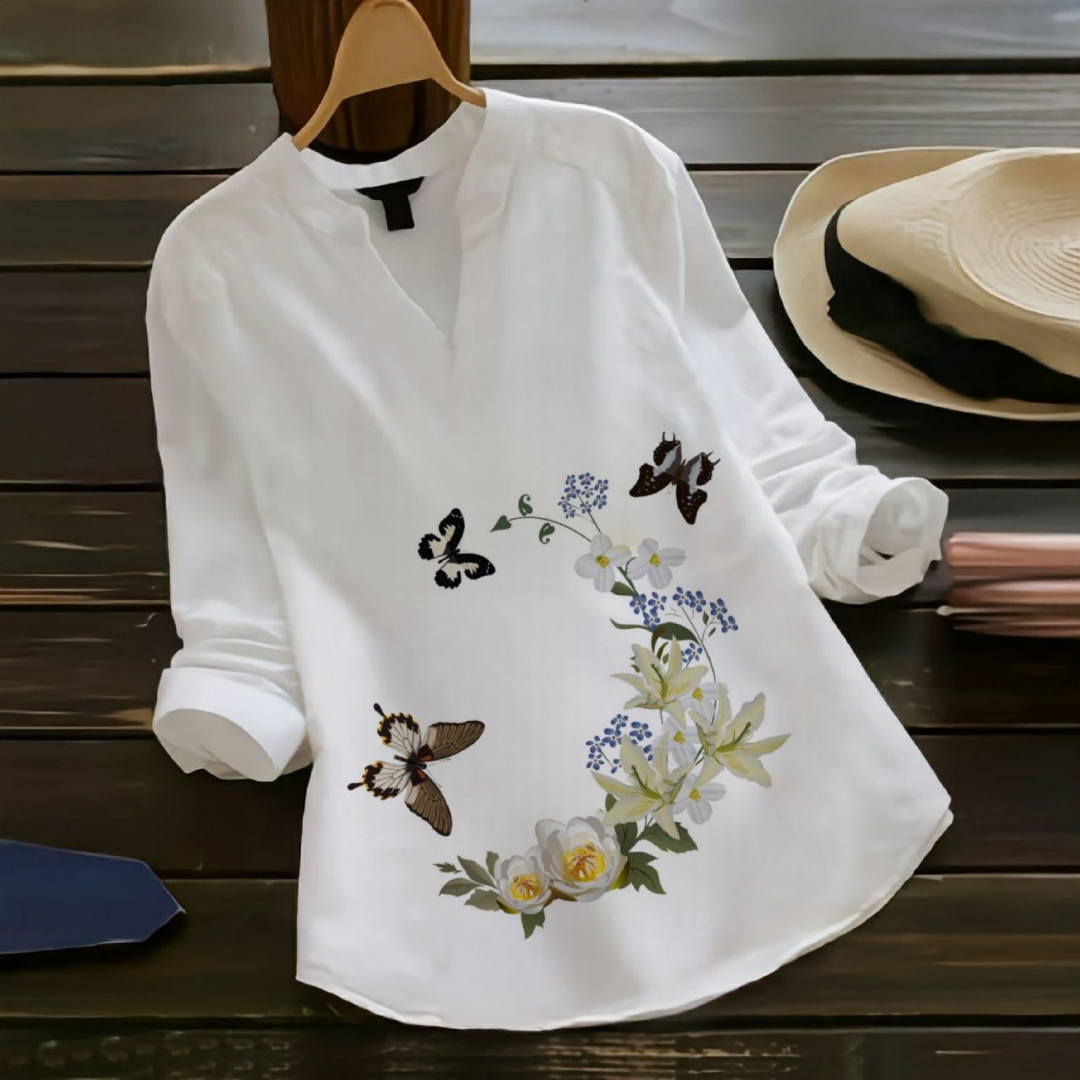 Floral Butterfly Print V-Neck Tunic