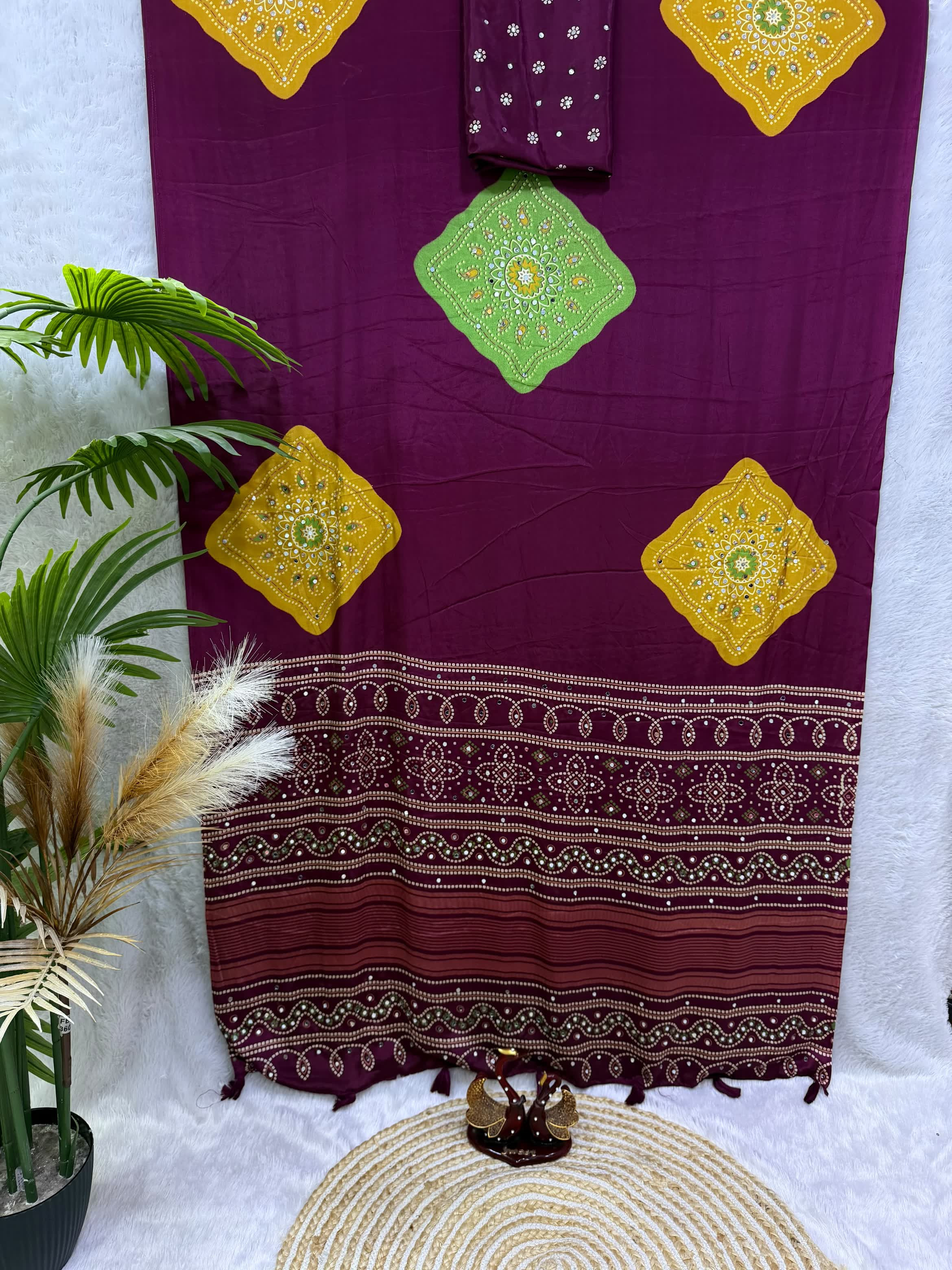 Soft Satin Crep with Ajarakh Print running blouse mirror work