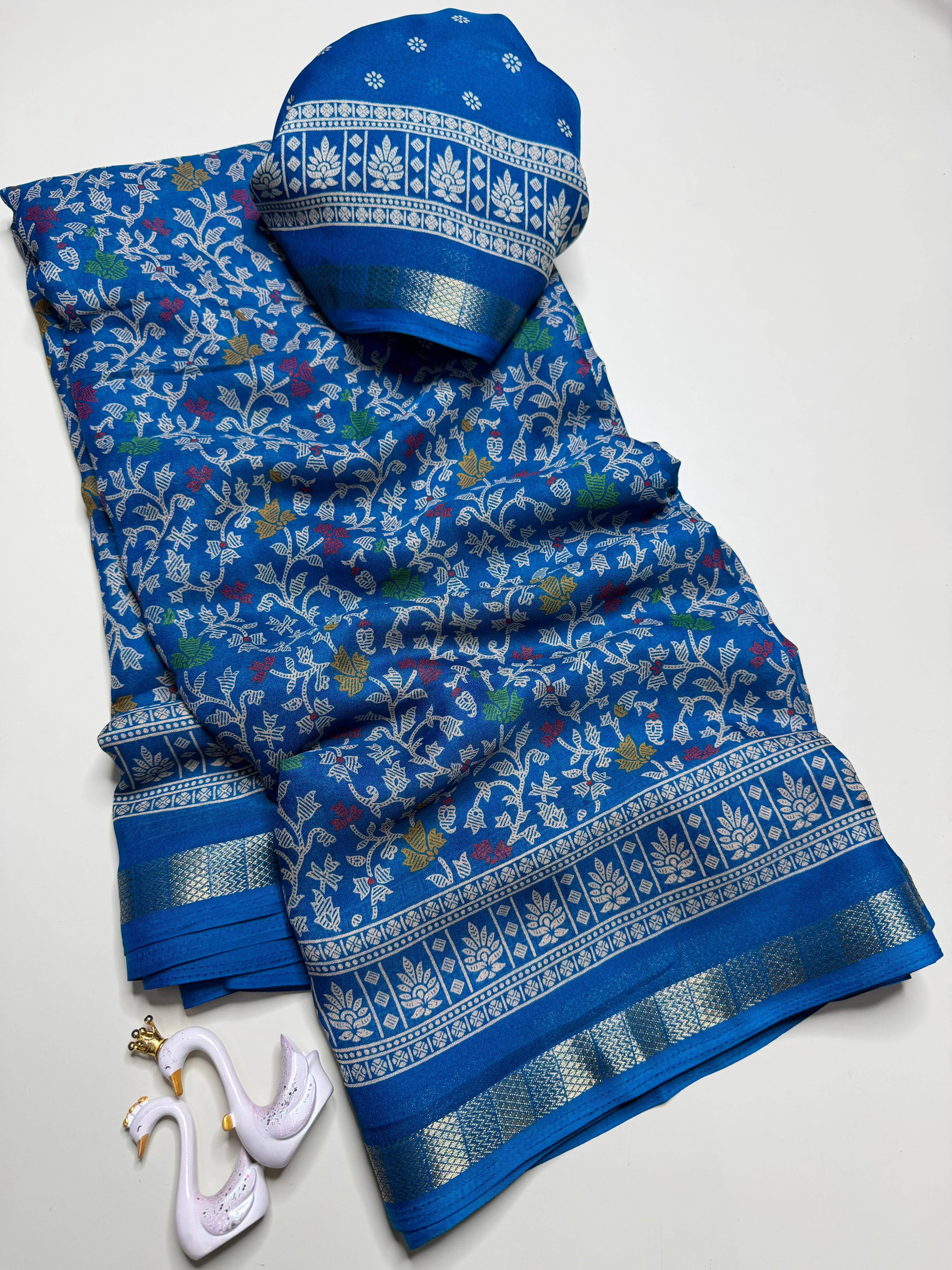 Pure Soft Marshmallow 3D Floral Printed Saree With Weaving Jacquard Border Rich Pallu Running Blouse