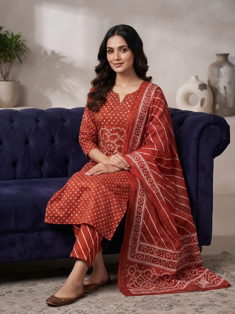 Jaipuri discharge print kurti ,pant with dupatta set
