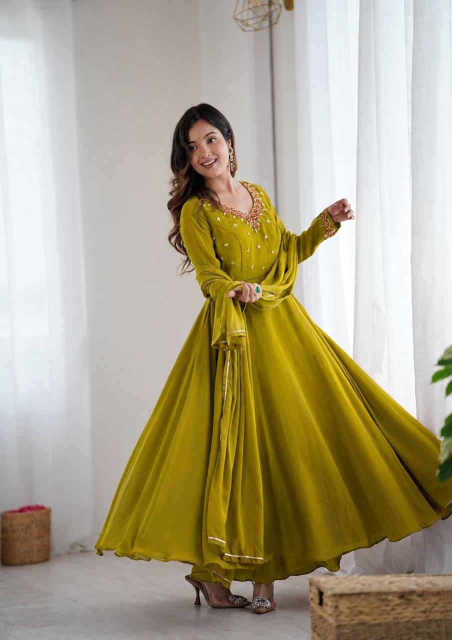 Olive green Party Wear Look Fox Gerorrget Gown With Dupatta , pant