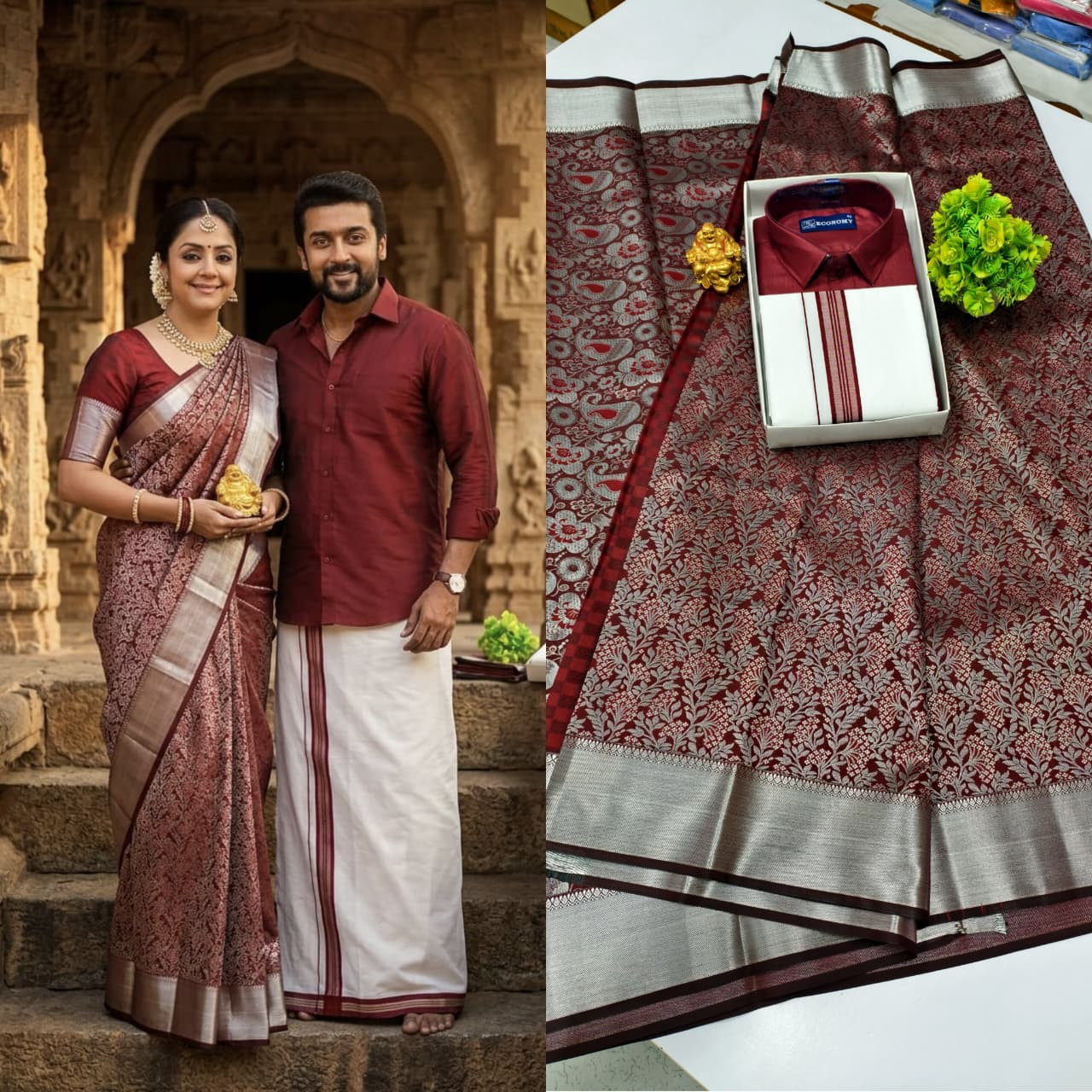 Kanchipuram Silk saree with Cotton dhoti and shirt Combo