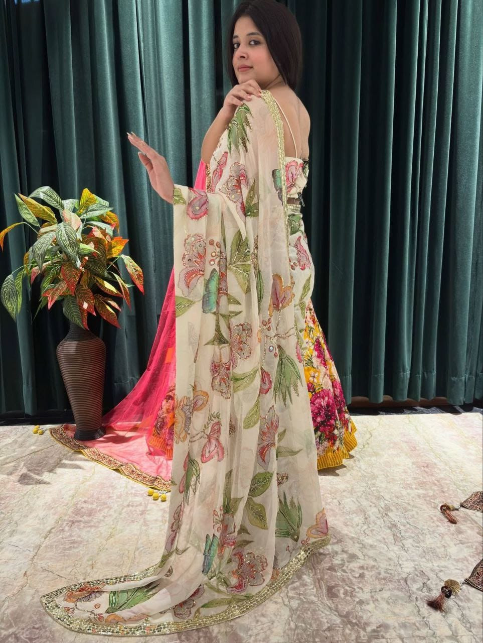 Floral Hand-Embroidered Printed Saree