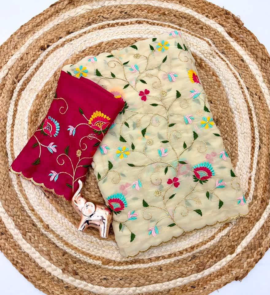 Star Georgette Multi embroidery Saree with Zaal butta work all over