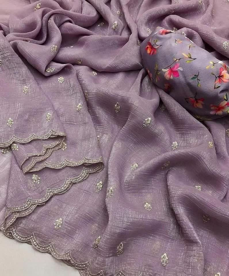 Georgette Crush Embroidery Work Butti with  Embroidery Arka Border With floral Digital Print Blouse