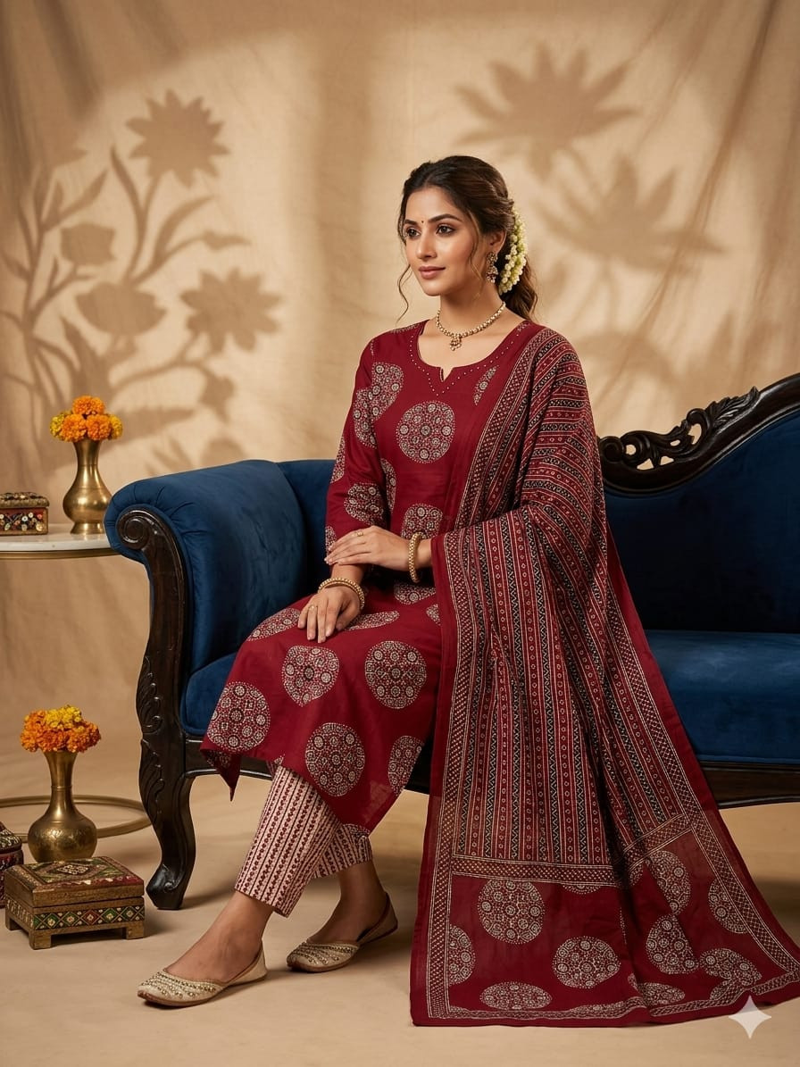Jaipuri discharge print kurti ,pant with dupatta set