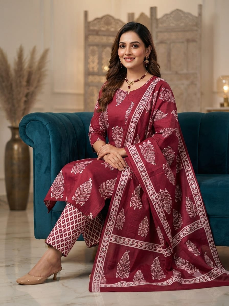 Pure Jaipuri Discharge Print Kurti Pant with Dupatta Set