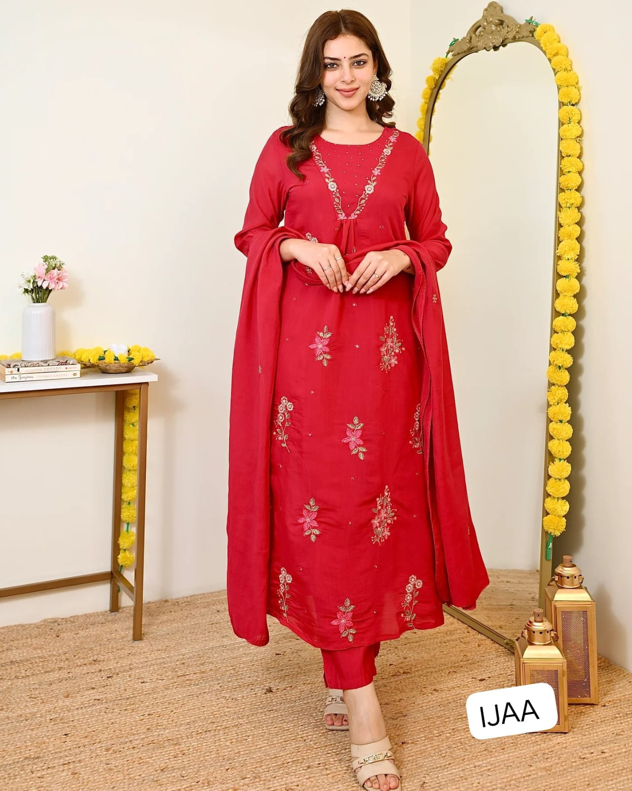 WOMEN'S VISCOSE MUL CHANDERI EMBROIDERED KURTI, PANT & DUPPATA SET'S