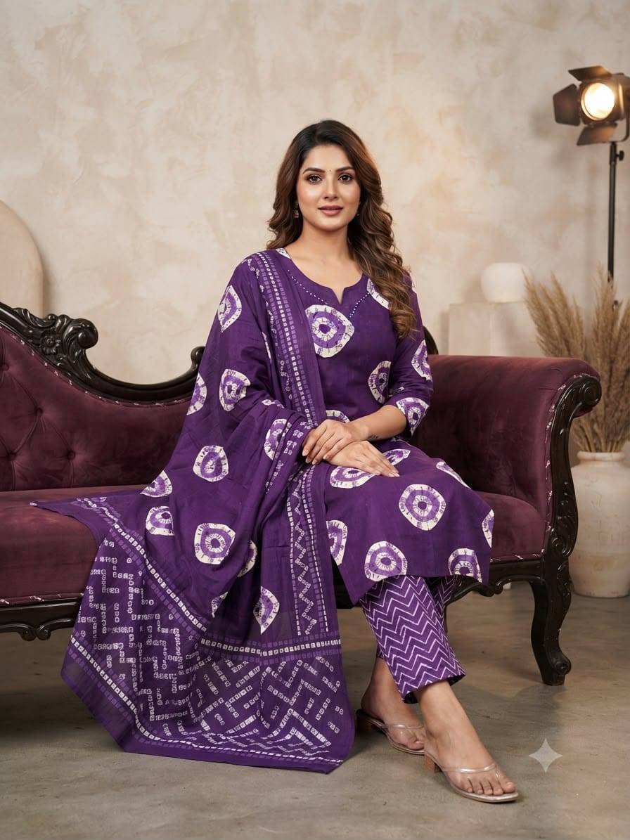 Jaipuri discharge print kurti ,pant with dupatta set