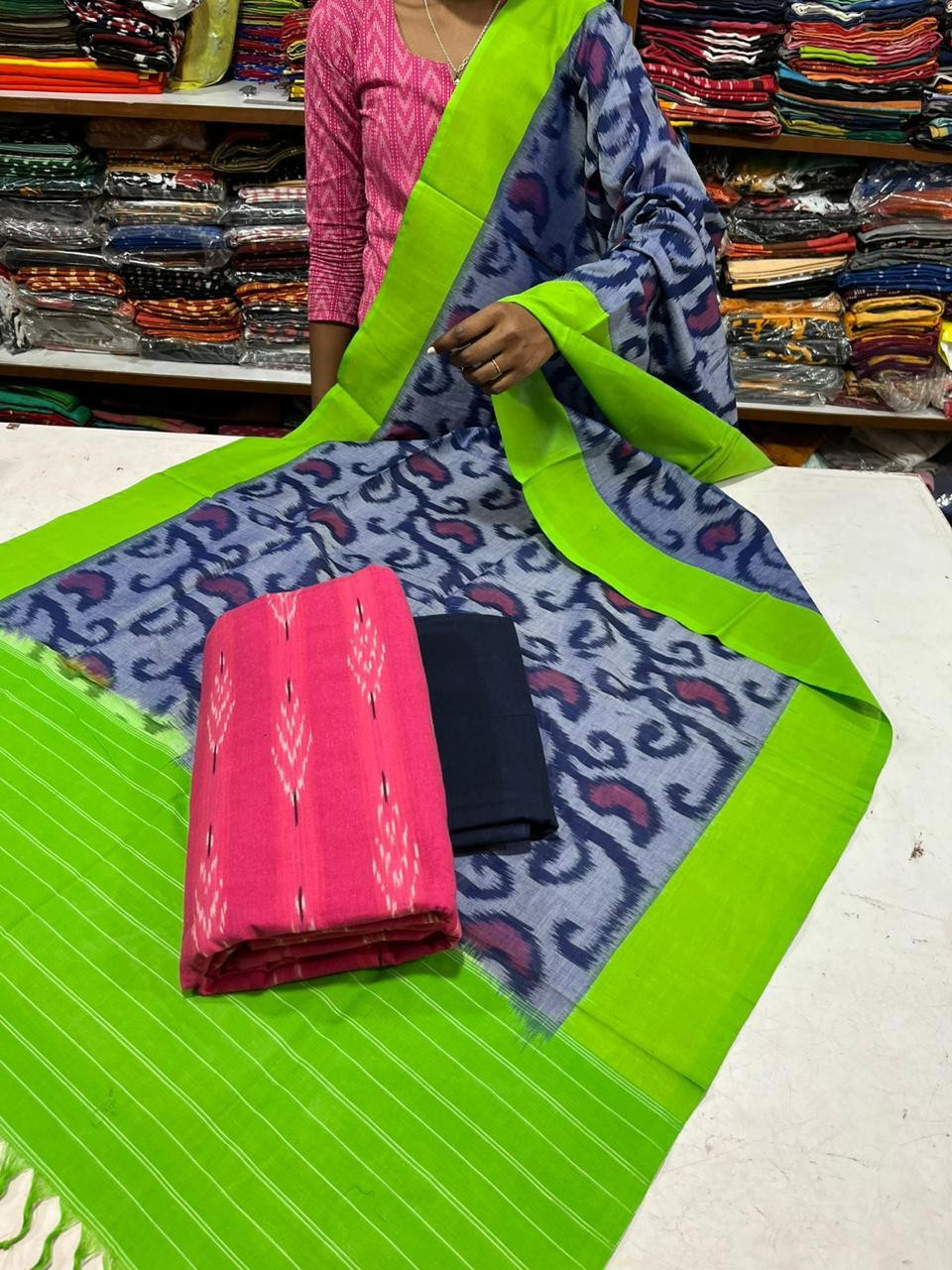 Pure double ikkat cotton dress material