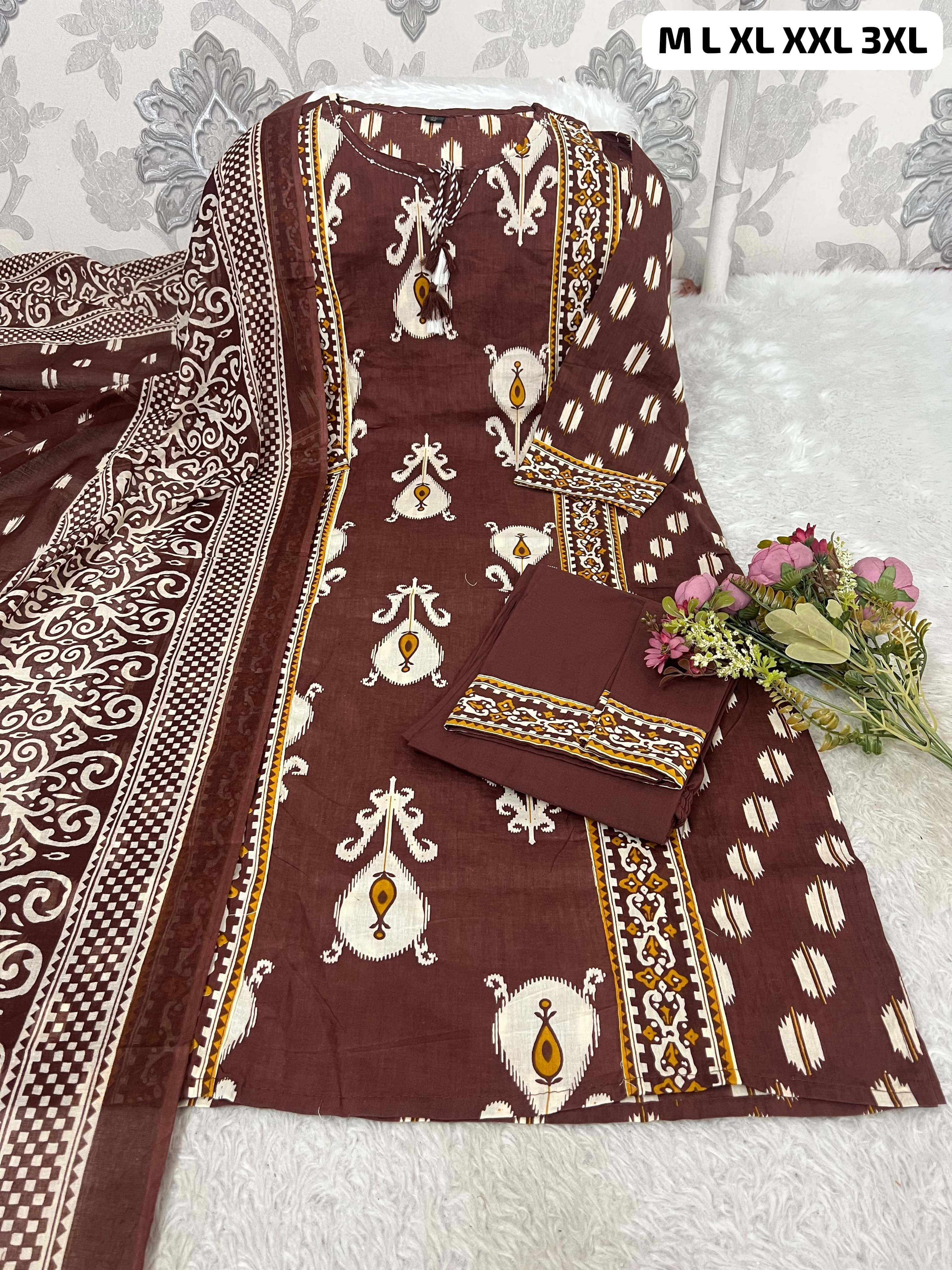WOMEN'S PRINTED COTTON KURTA, PANT AND DUPATTA SET