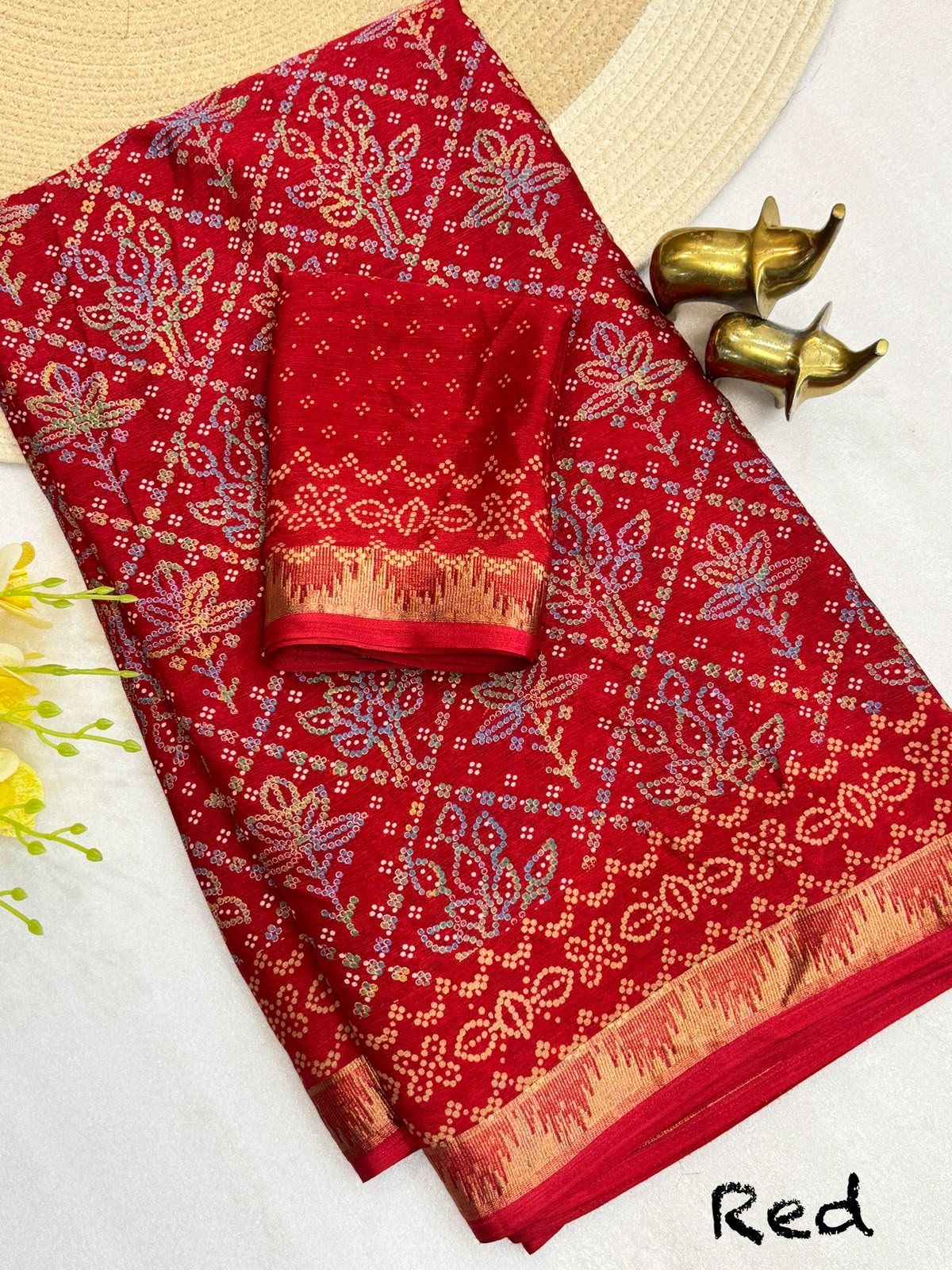Beautiful Heavy Chinon silk Bandhini saree with Jaqured Border