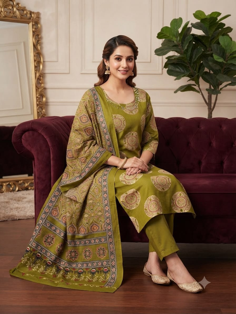 Jaipuri discharge print kurti ,pant with dupatta set
