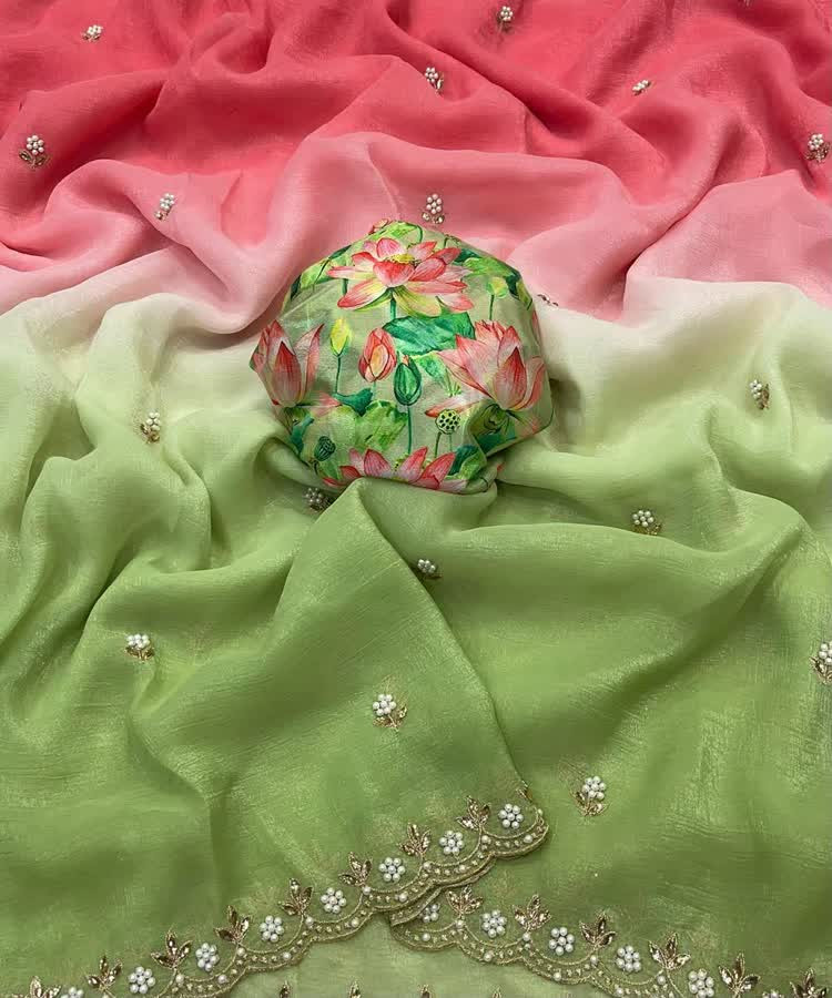 Shaded Crunchy chiffon hand MOTI work partywear Saree with digital printed flower blouse