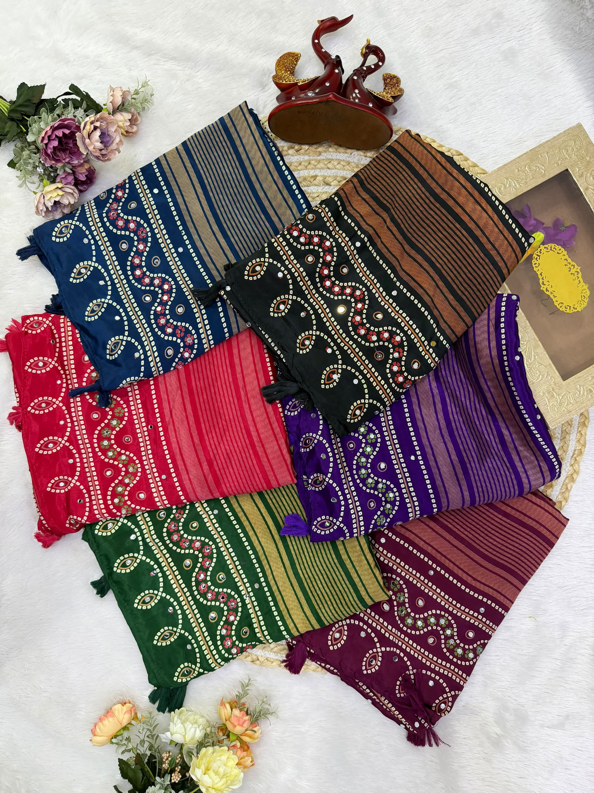 Soft Satin Crep with Ajarakh Print running blouse mirror work