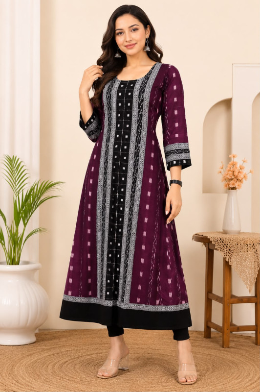 Premium cotton Sambalpuri kurti in dark magenta colour