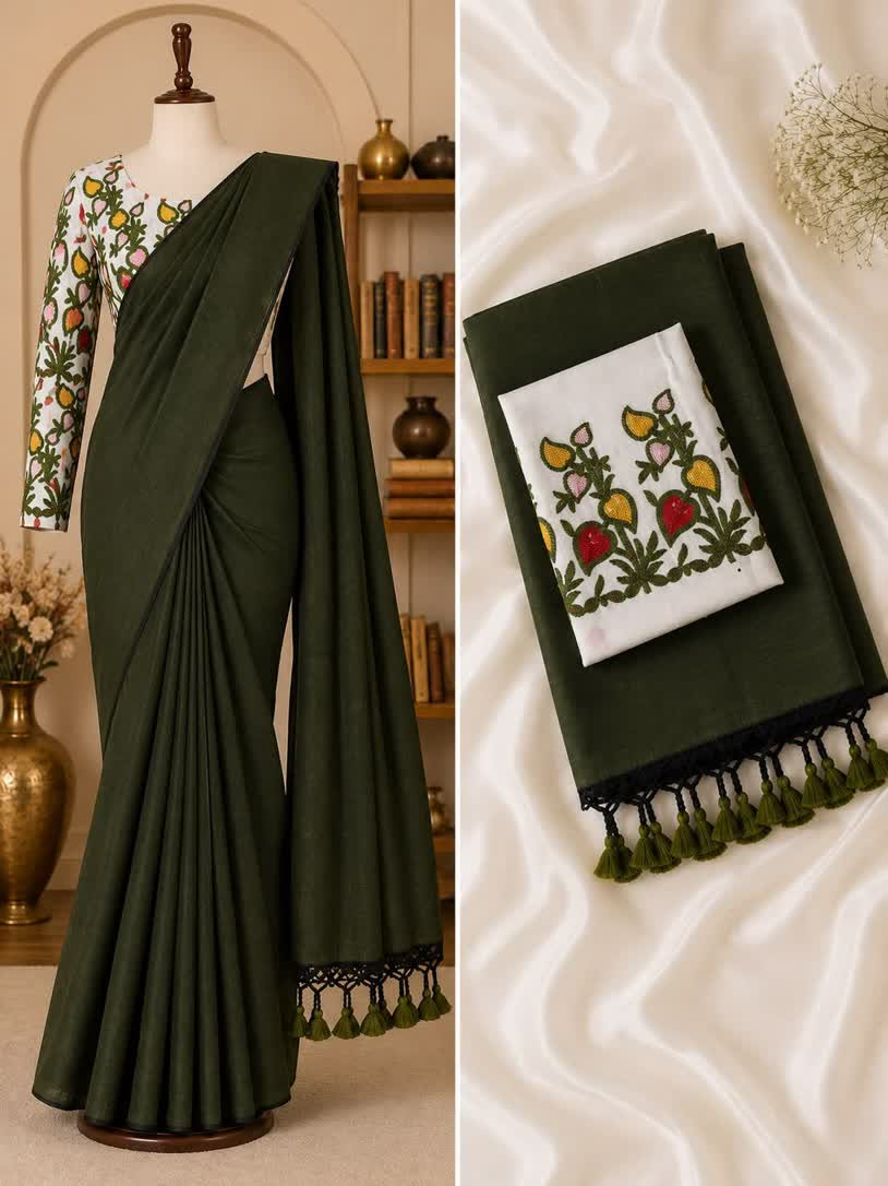 Handloom Khadi Cotton Saree with Embroidery Blouse