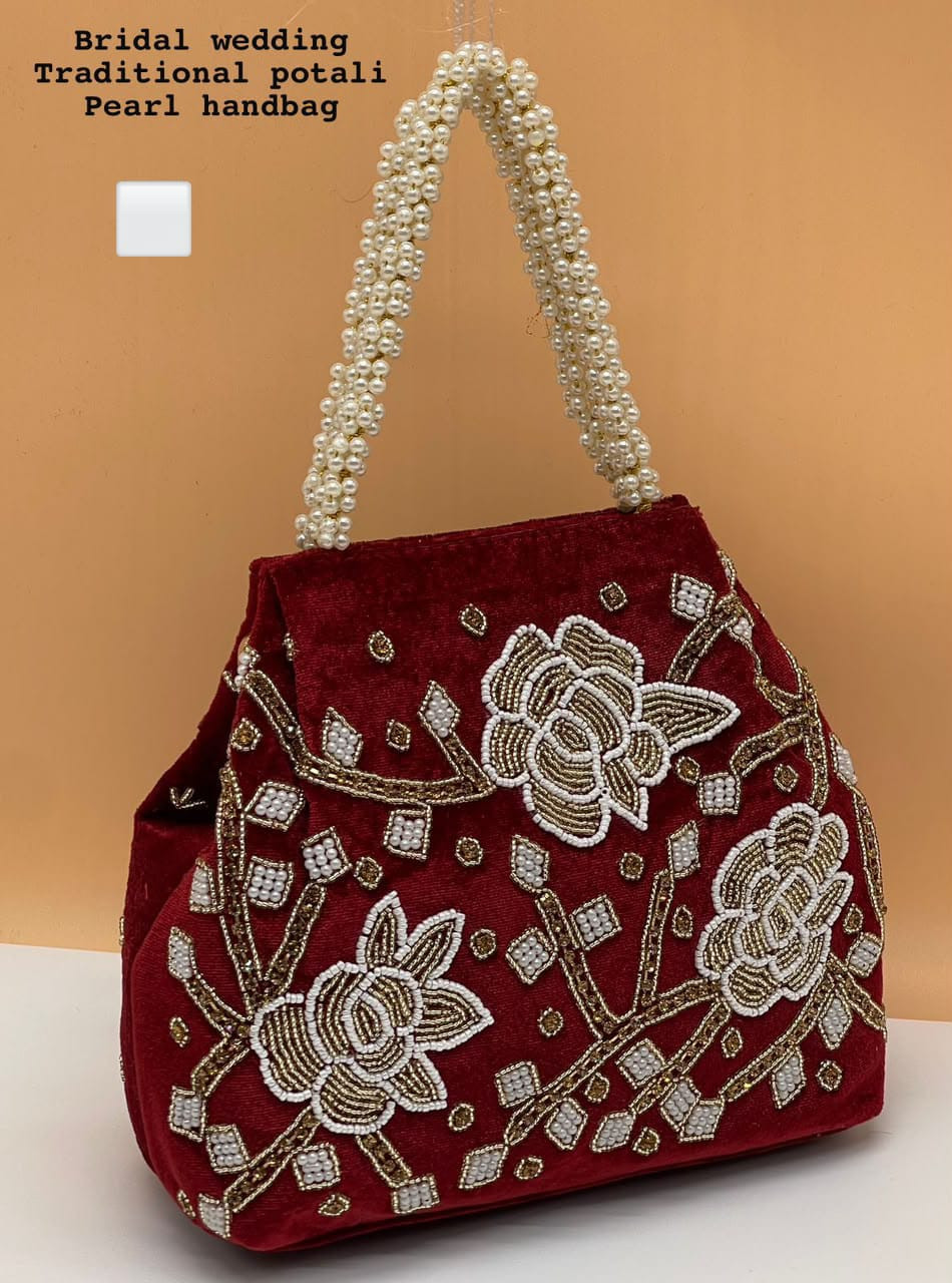 Flower Pearl Handwork Velvate Hand Bag