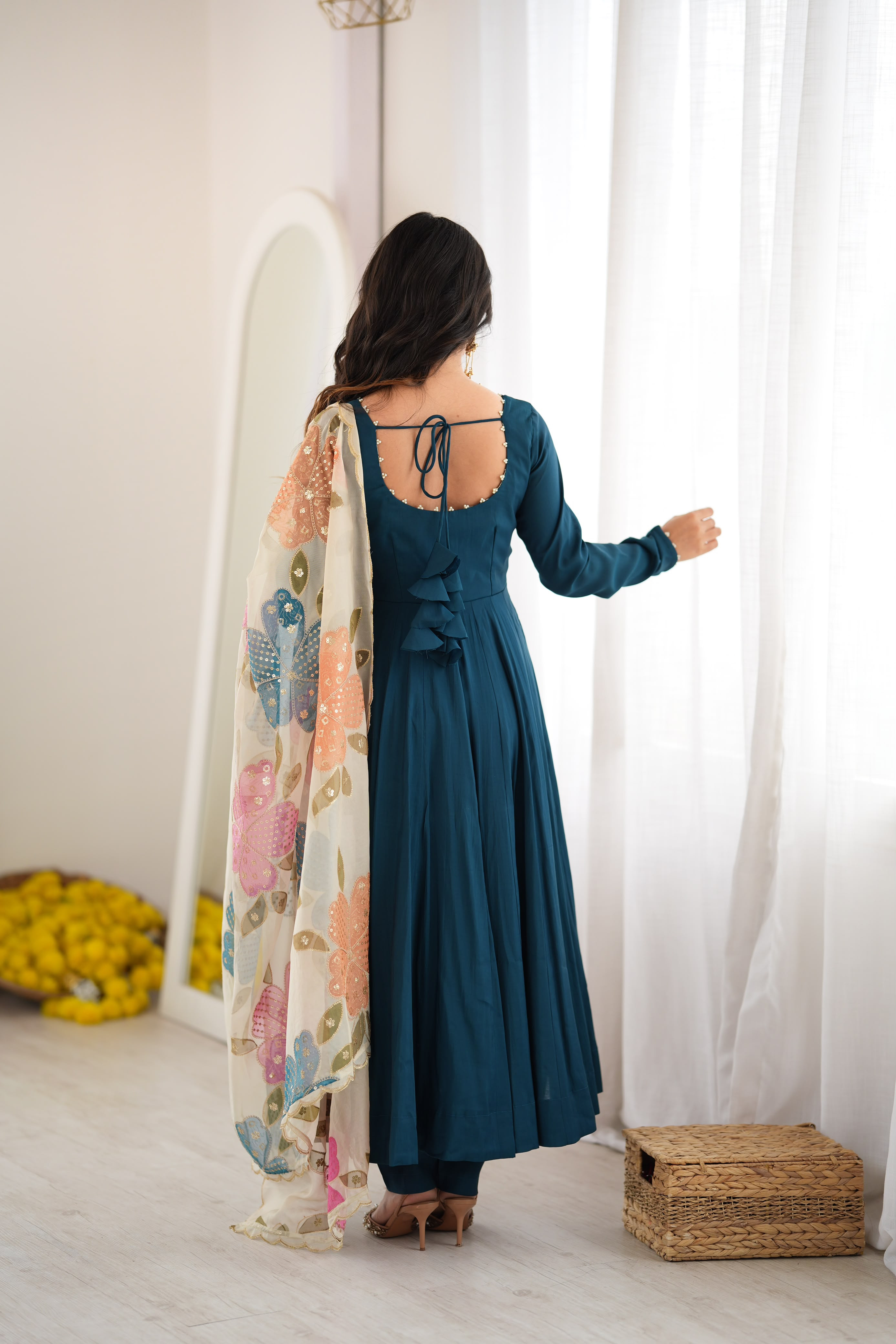 Anarkali suit with floral dupatta