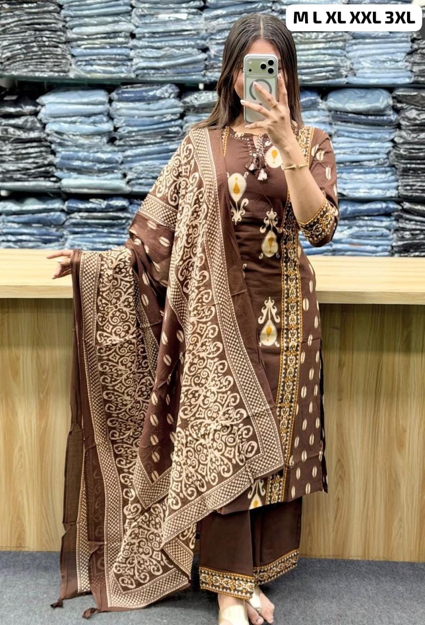 WOMEN'S PRINTED COTTON KURTA, PANT AND DUPATTA SET