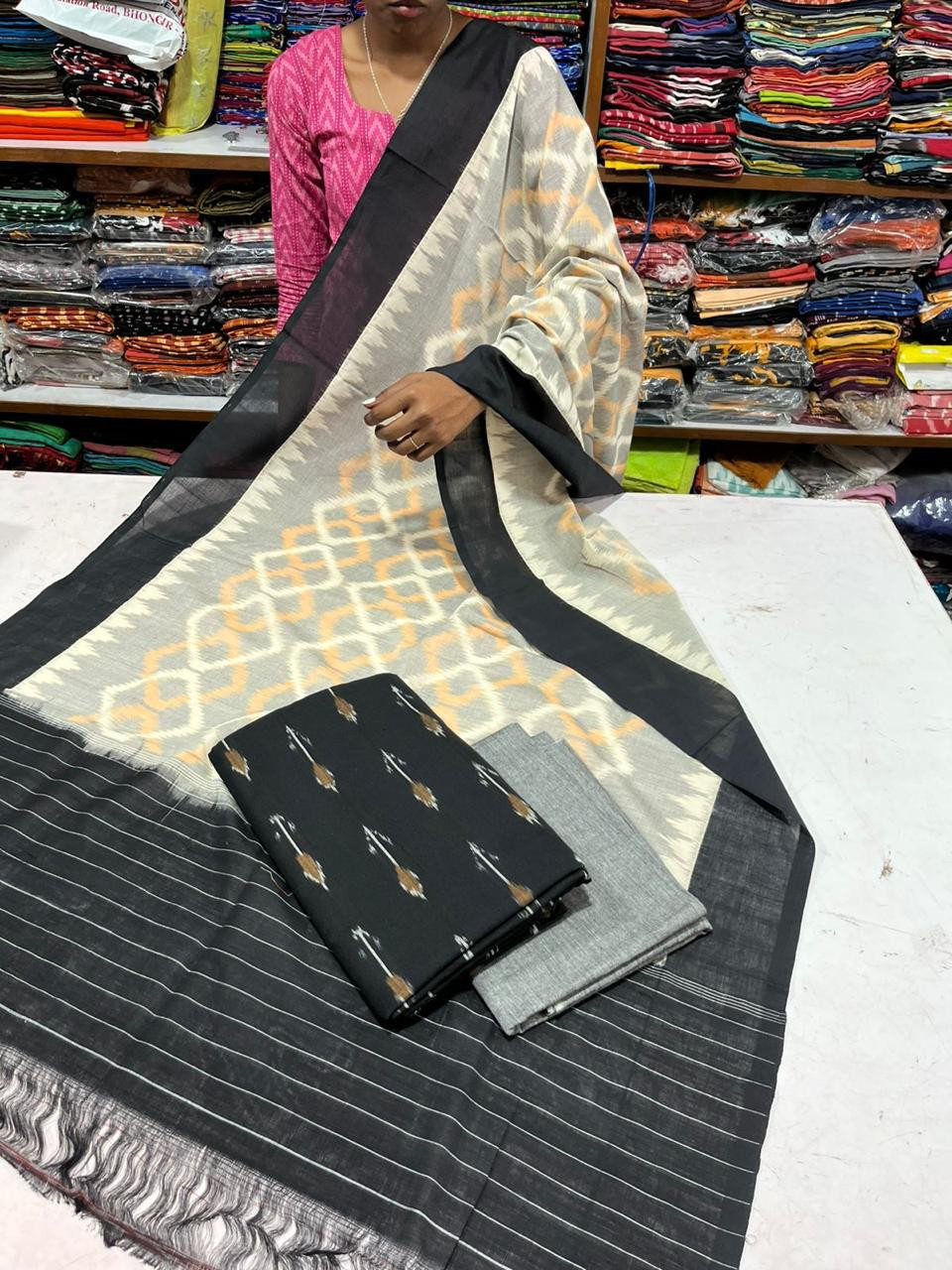 Pure double ikkat cotton dress material