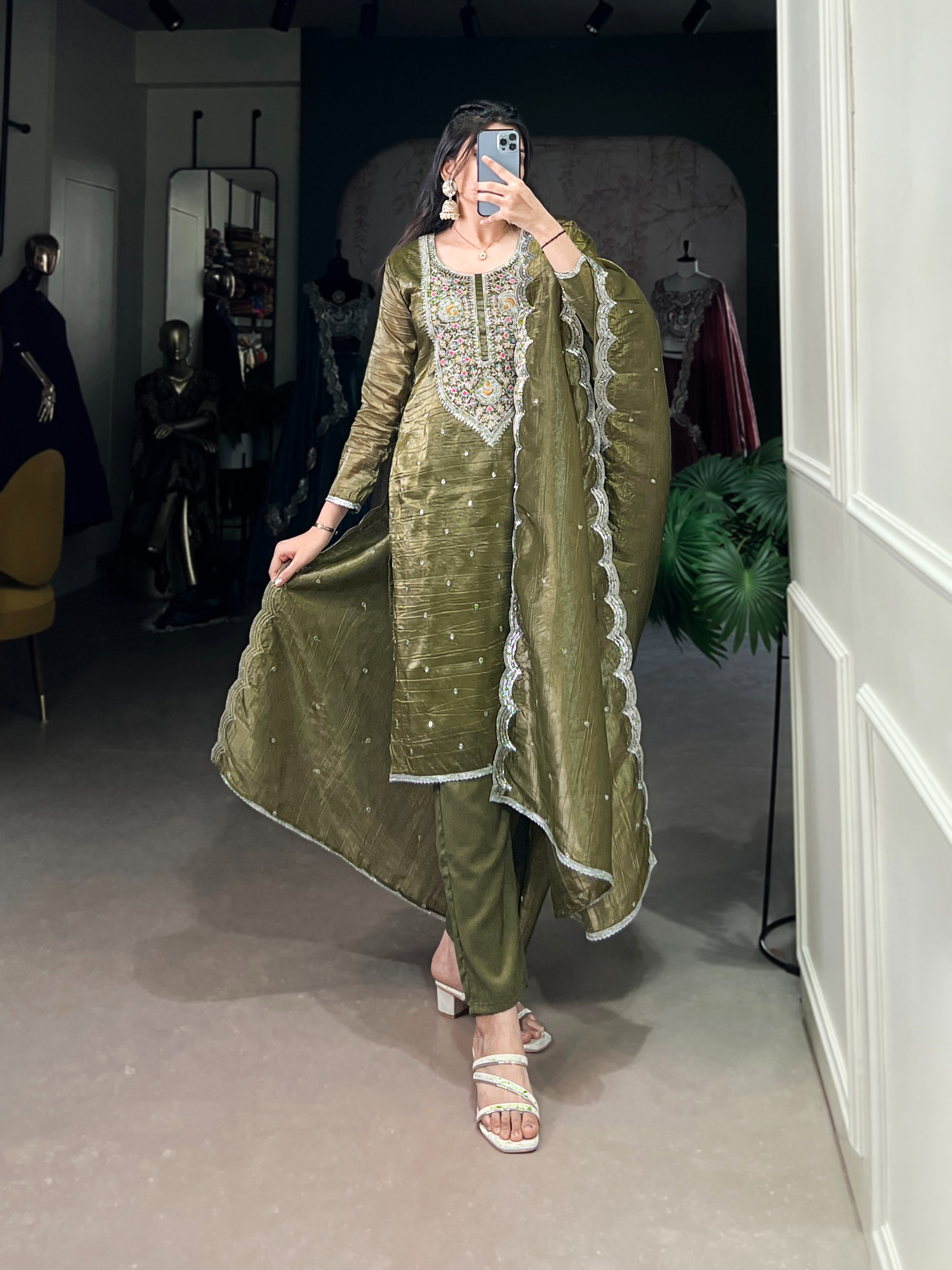 Olive Green Embroidered Straight Suit Set