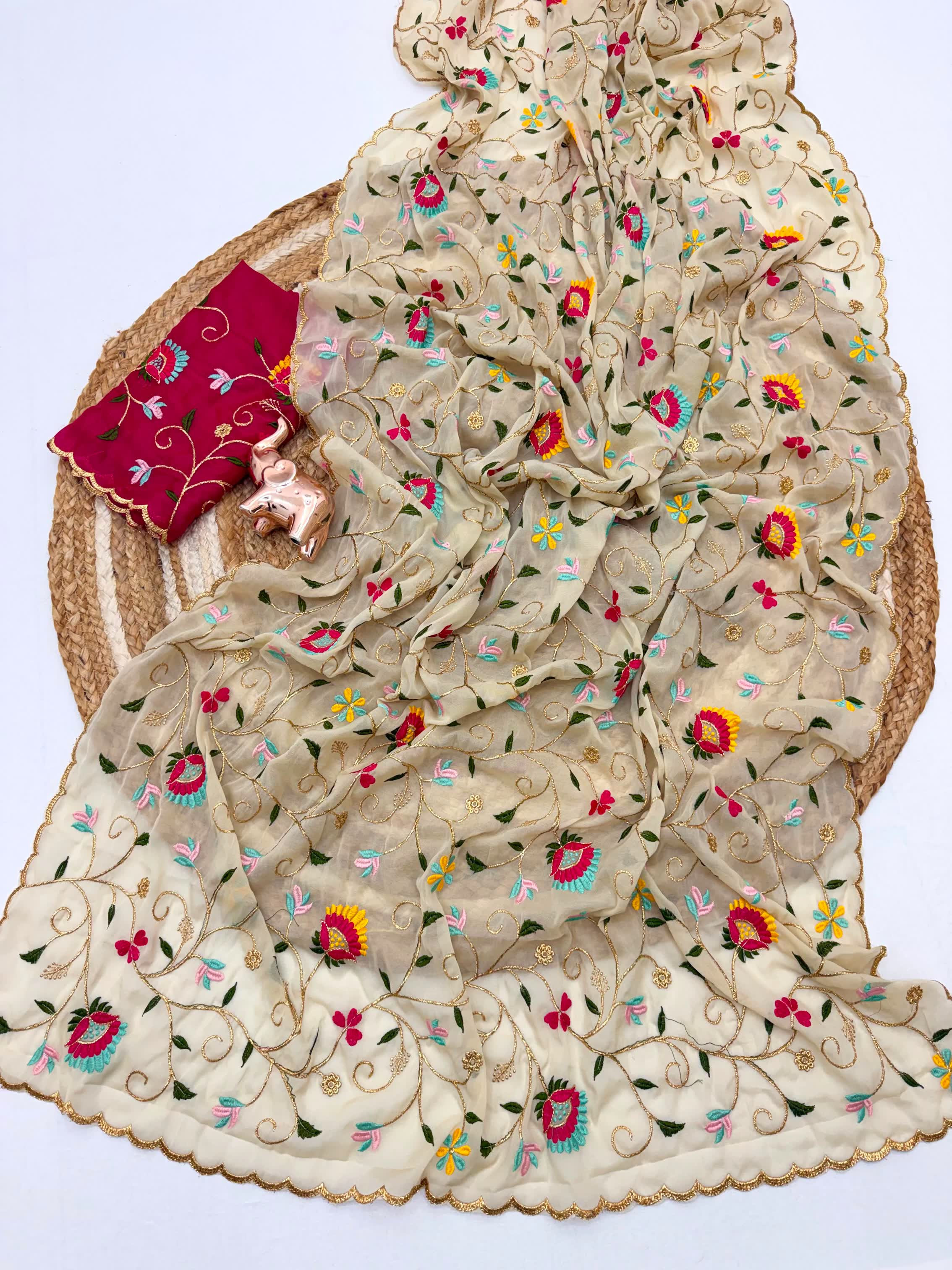 Star Georgette Multi embroidery Saree with Zaal butta work all over