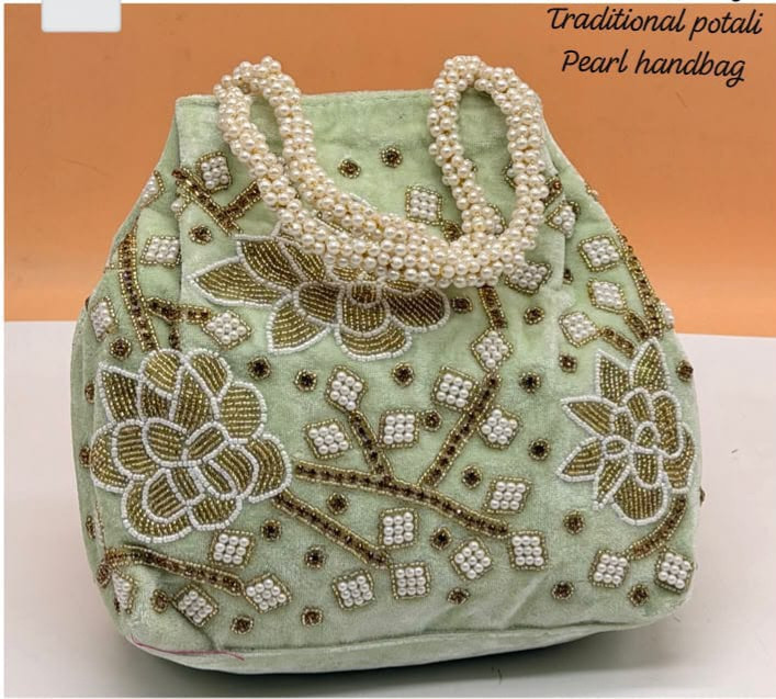 Flower Pearl Handwork Velvate Hand Bag