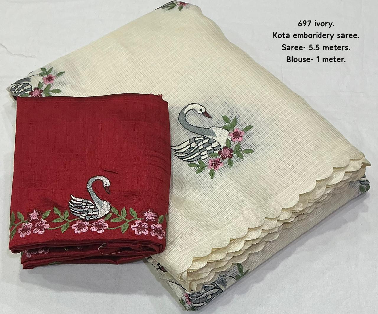 Soft kota doria saree with swan emboridery buttas .
