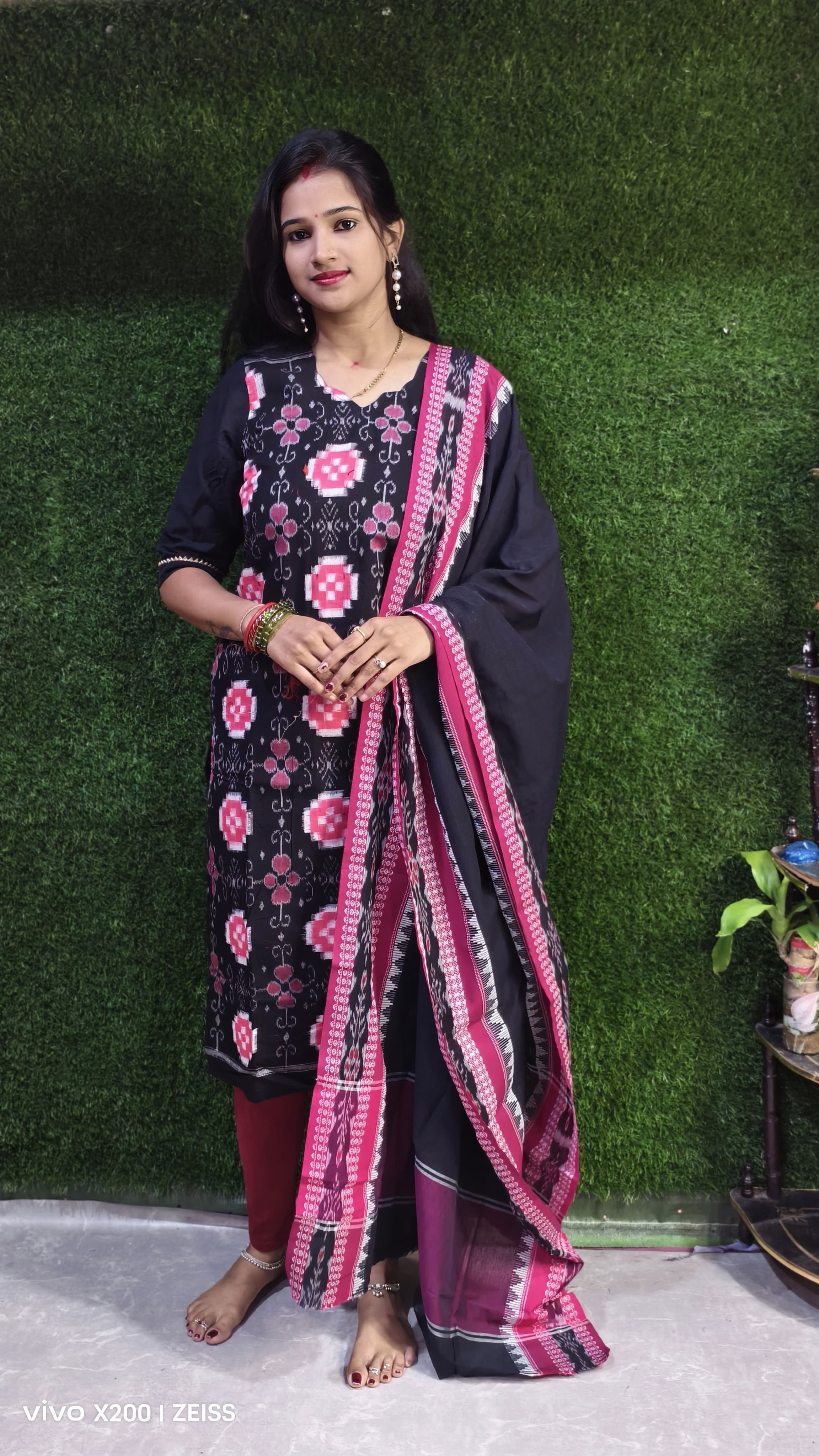 Black & Magenta Floral Printed Cotton Suit Set with Dupatta