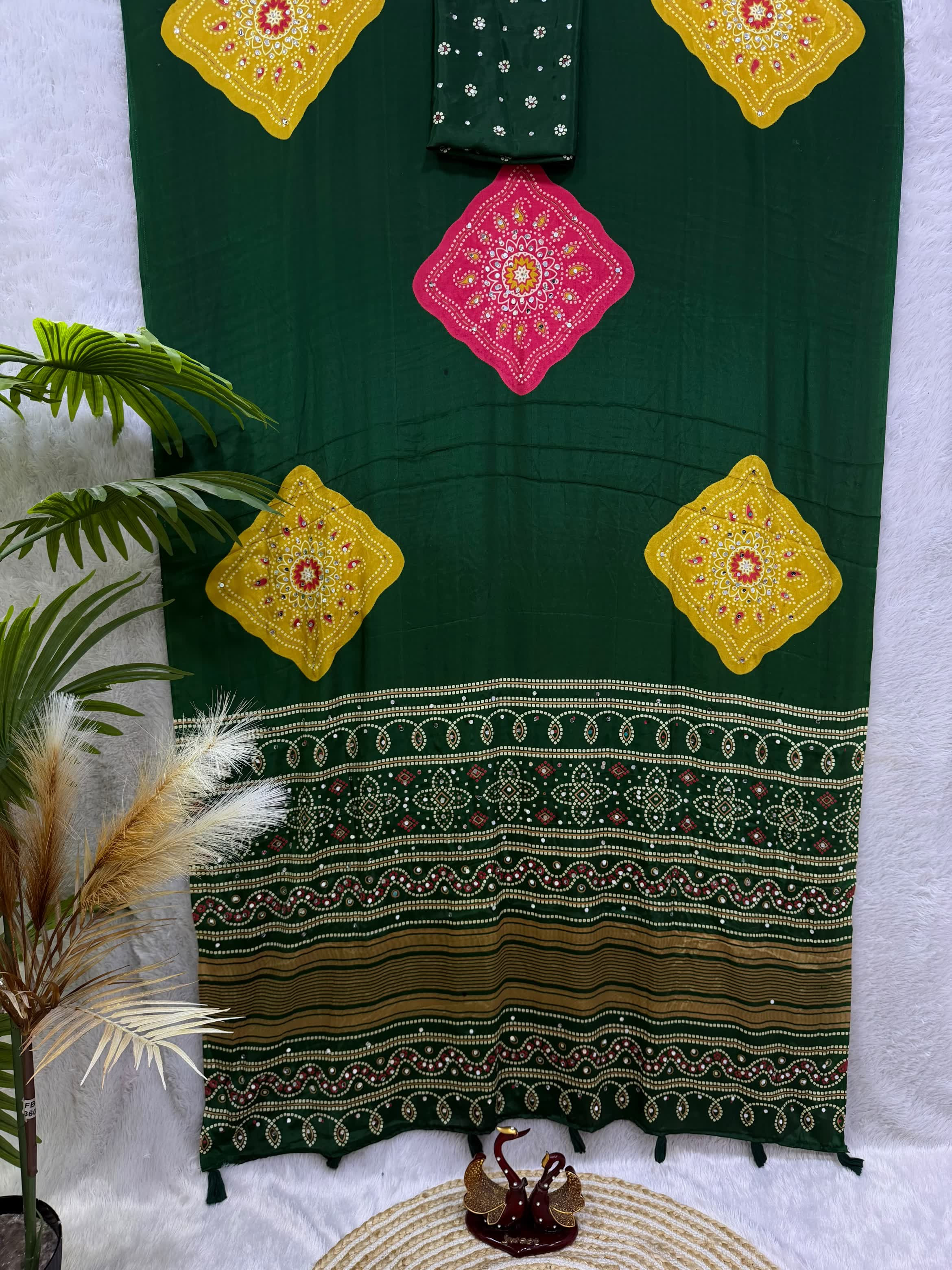 Soft Satin Crep with Ajarakh Print running blouse mirror work