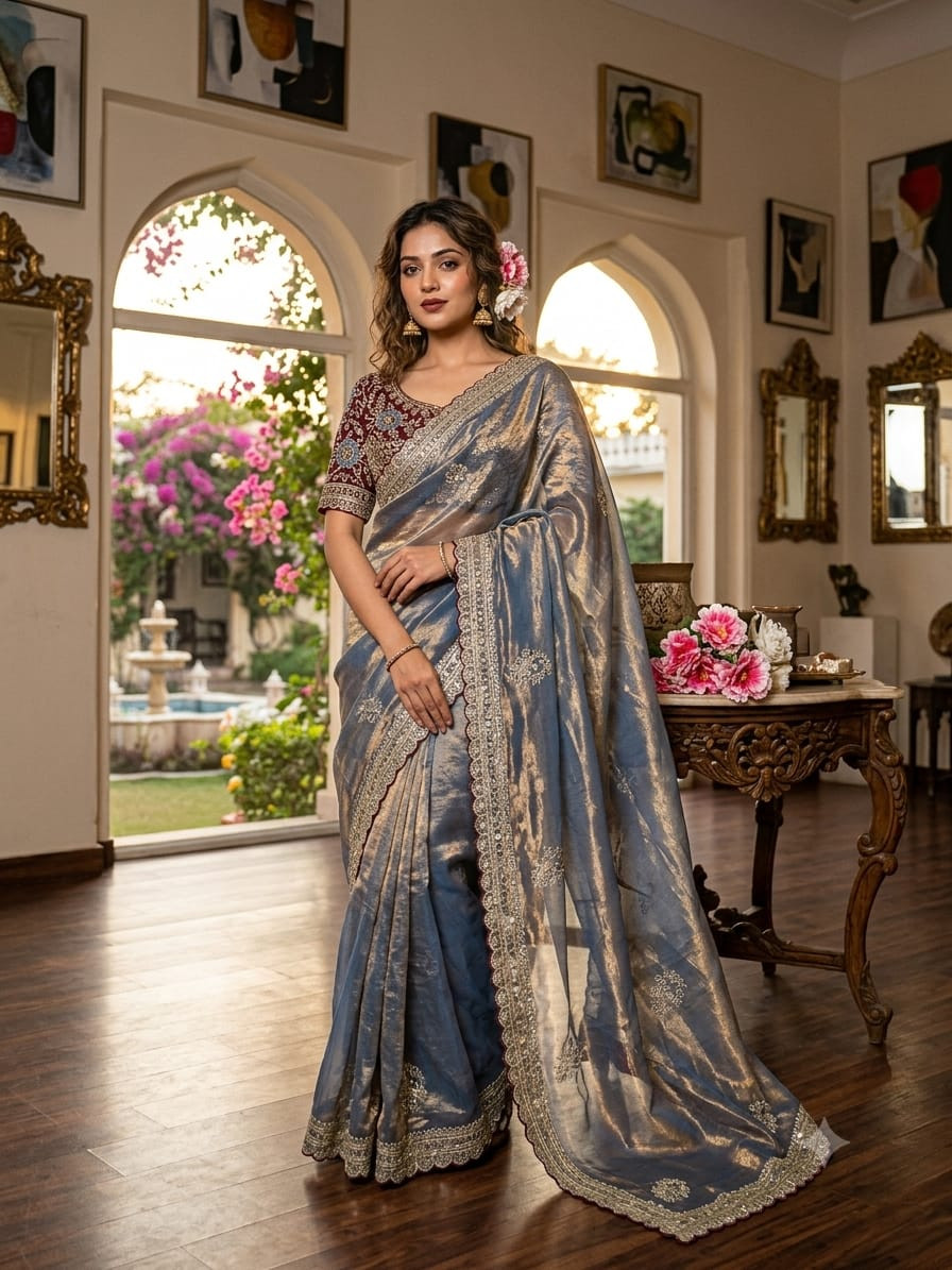 Embroidery rich look sartin saree
